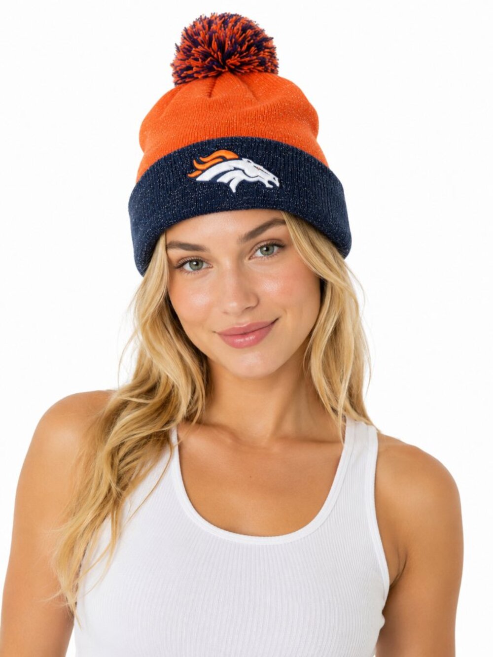 Denver Broncos Womens Hat Roll Cuff Metallic Pom Embroidered Logo NFL New